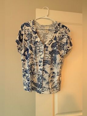 Joie White and Blue Botanical Button-Down Top